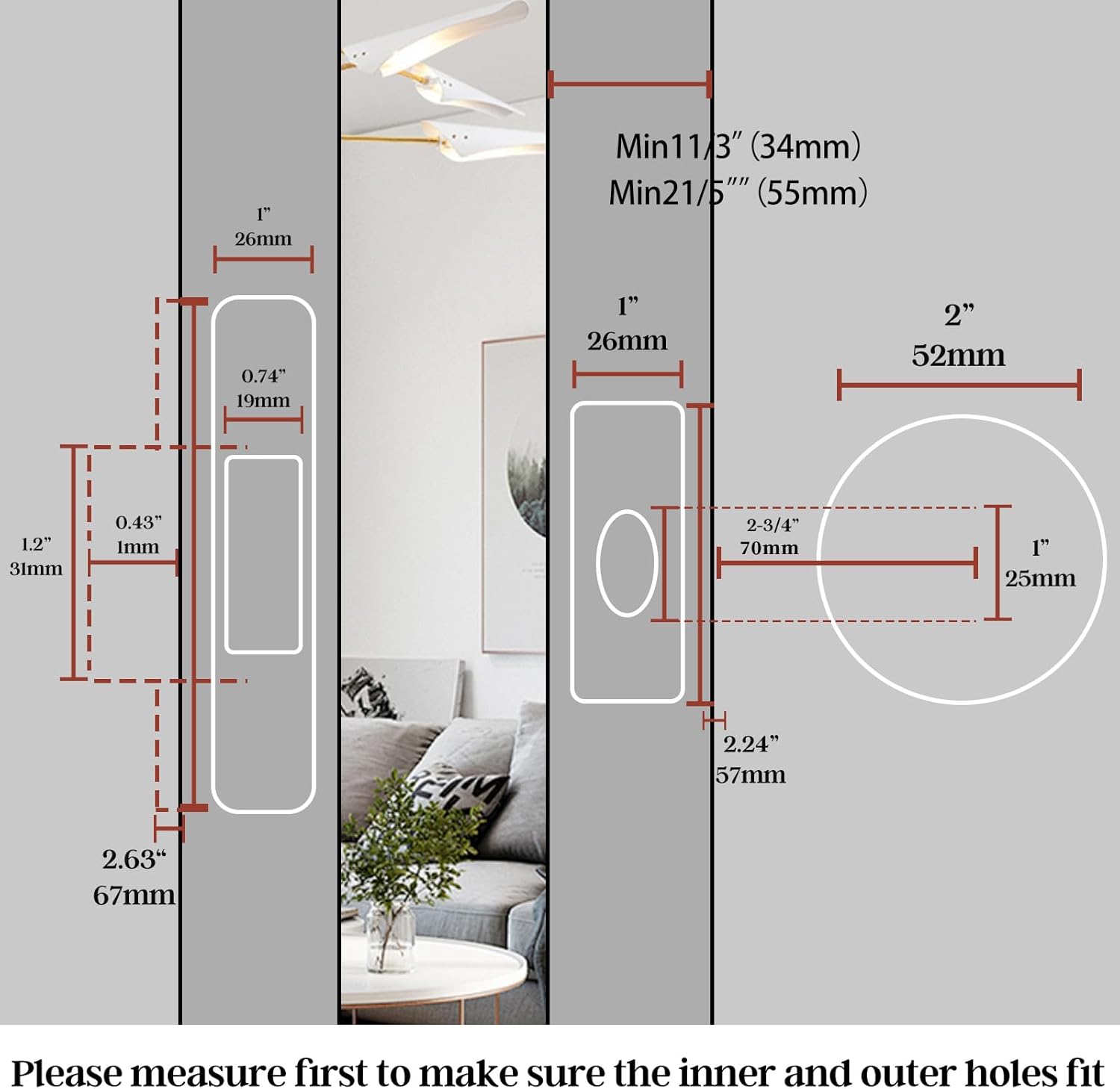 2 3/4” Backset Pocket Door Lock and Pull Matte Black Pocket Door Hardware Indicators Privacy Pocket Door Lock for Bathroom/Bedroom Pocket Door Handle with Lock Pocket Door Hardware with Lock