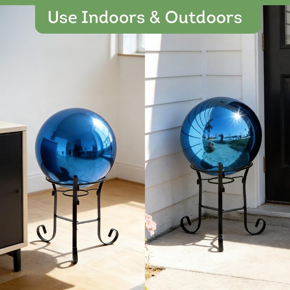 Lily's Home Stainless Steel Gazing Globe Mirror Ball, Colorful and Shiny Addition to Any Garden or Home. Blue. (12 Inch)