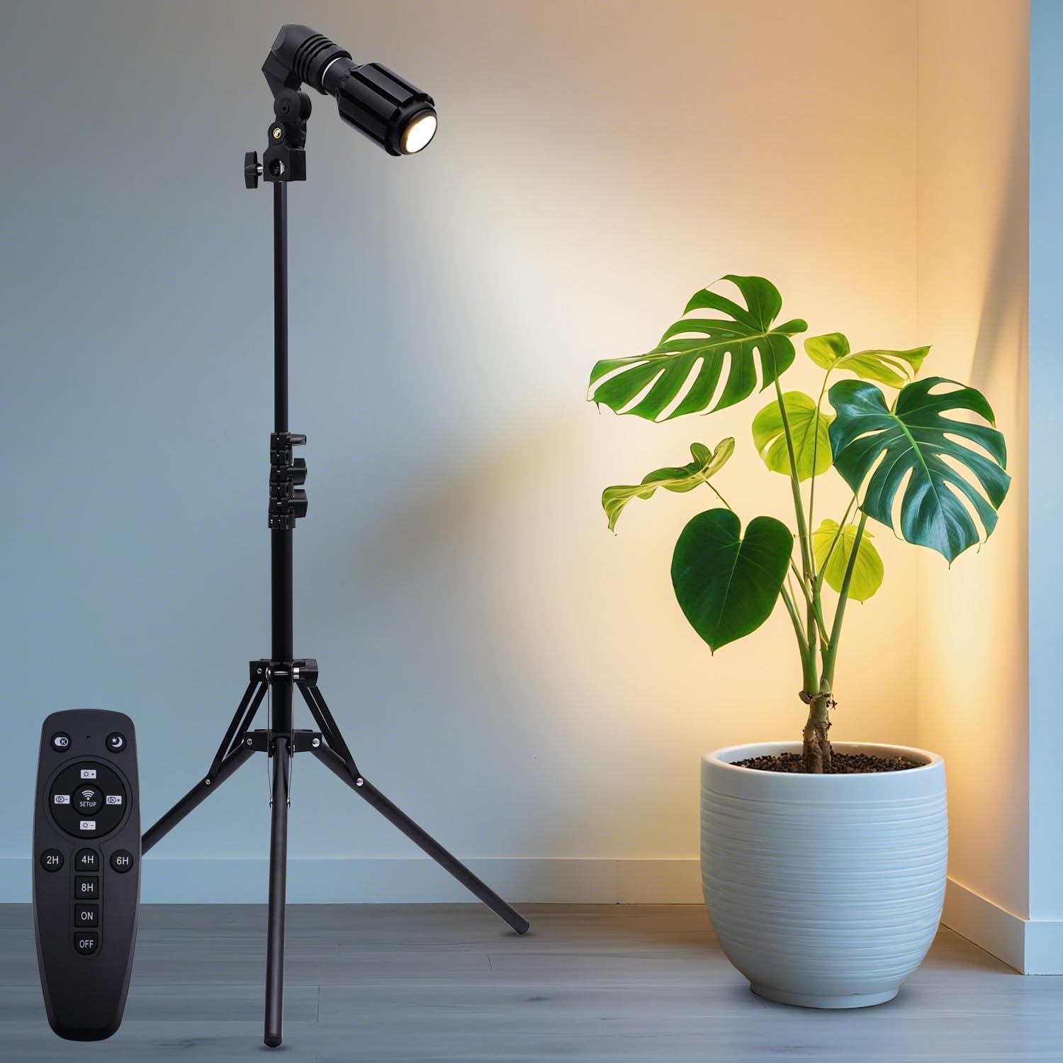 10W Spot Lights Indoor, 22-63.5” Adjustable Tripod & E26 Replaceable 15° to 60° Zoomable Plant Grow Light Bulb, Dimmable 6000K Up Light with Remote, Aluminum Floor Spotlight Indoor, Black