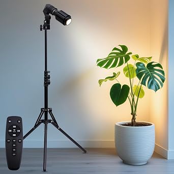 10W Spot Lights Indoor, 22-63.5 Adjustable Tripod & E26 Replaceable 15 to 60 Zoomable Plant Grow Light Bulb, Dimmable 6000K Up Light with Remote, Aluminum Floor Spotlight Indoor, Black