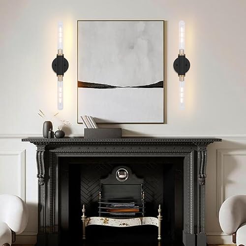 Miniatura 8 de Modernos apliques de pared cilíndricos de textura moleteada de 24 pulgadas con pantalla de vidrio transparente a rayas, 2 luces de latón cepillado