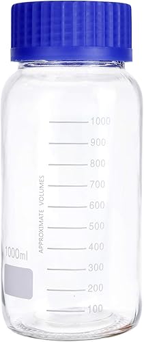 Moonetto Paquete de 3 botellas de vidrio de laboratorio de almacenamiento de 33.8 fl oz de boca ancha graduadas con tapa de rosca de polipropileno
