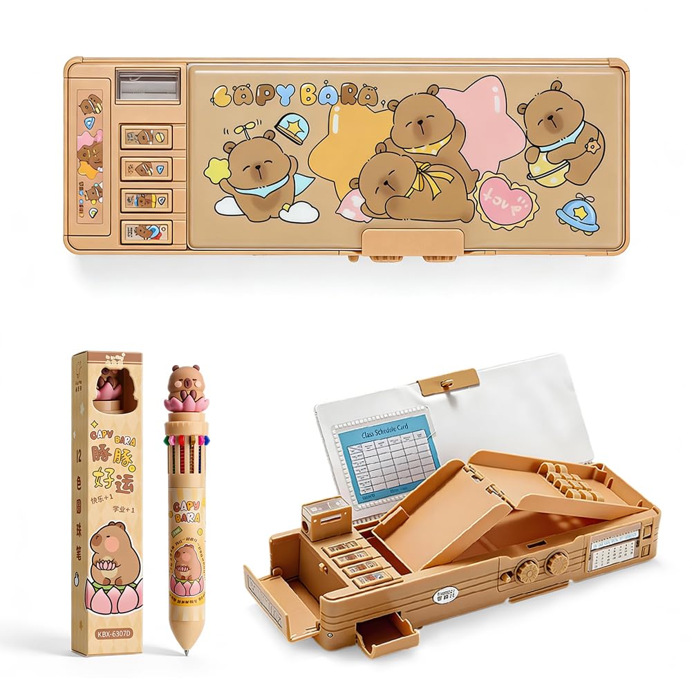 Capybara Stationery Gift Set for Kids Adults – Pop Up Multifunction Pencil Case with Password Lock & Sharpener, 12-in-1 Colour Changing Ballpoint Pen, Cartoon School Office Supplies for Girls Boys
