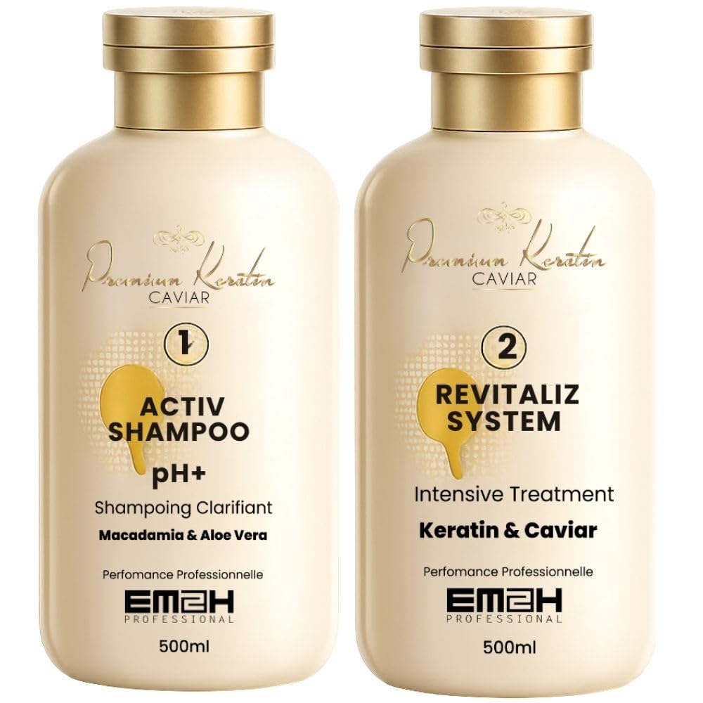 Premium Keratin Caviar Kit Lissage Brésilien - Soin lissant à la kératine - Lisse, réduit les frisottis, apporte brillance et souplesse (2 x 500 ml)