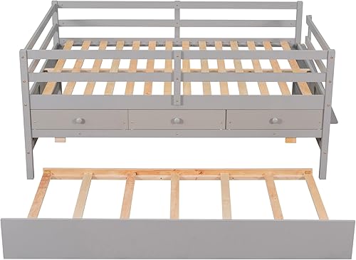 Miniatura 7 de Harper  Bright Designs Cama alta baja de tamaño matrimonial con nido y 3 cajones de almacenamiento marco de cama matrimonial de madera para niños