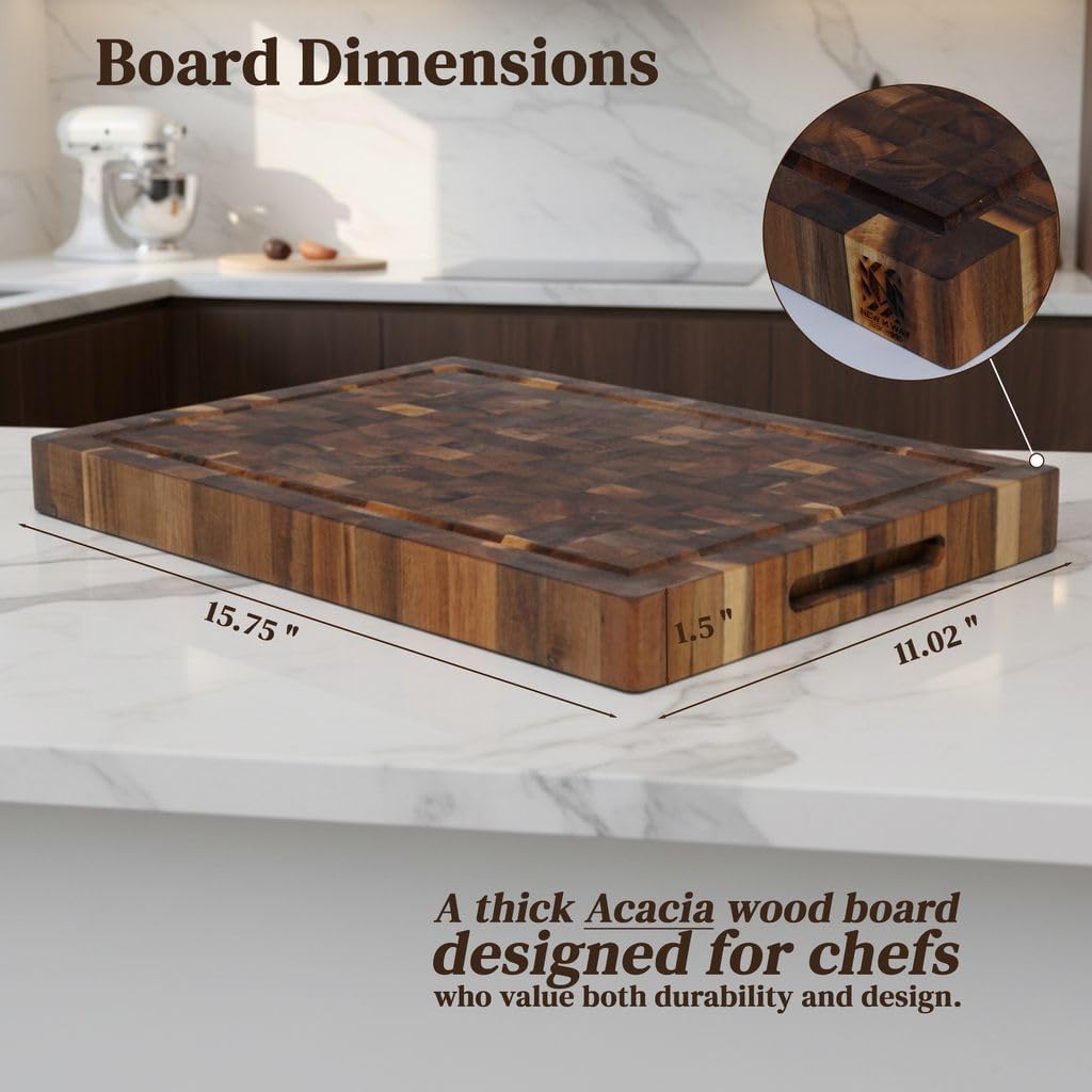 End Grain Acacia Wood Cutting Board 16" x 11" x 1.5", Extra Thick Butcher Block, Deep Juice Groove, Built-In Handles, Knife Friendly for Kitchen Prep, Meat Carving & BBQ by New M Way