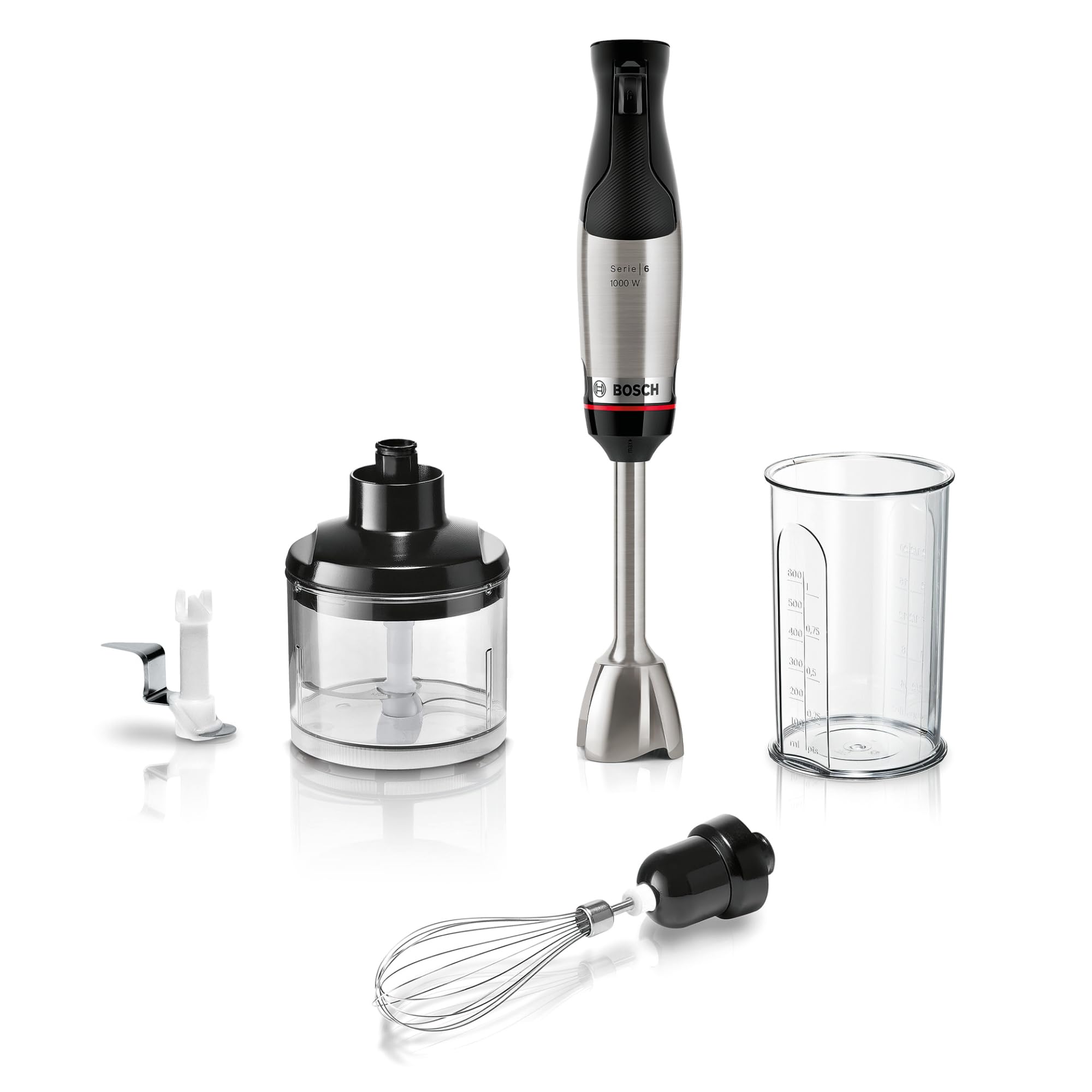 Bosch Stabmixer ErgoMaster Serie 6, mit Zerkleinerer, Schneebesen, Mixbecher, Edelstahl-Klingen, verschleißfreie Keramik-Kupplung, langlebig, Luftkühlung, 1000 W, Edelstahl, MSM6M622