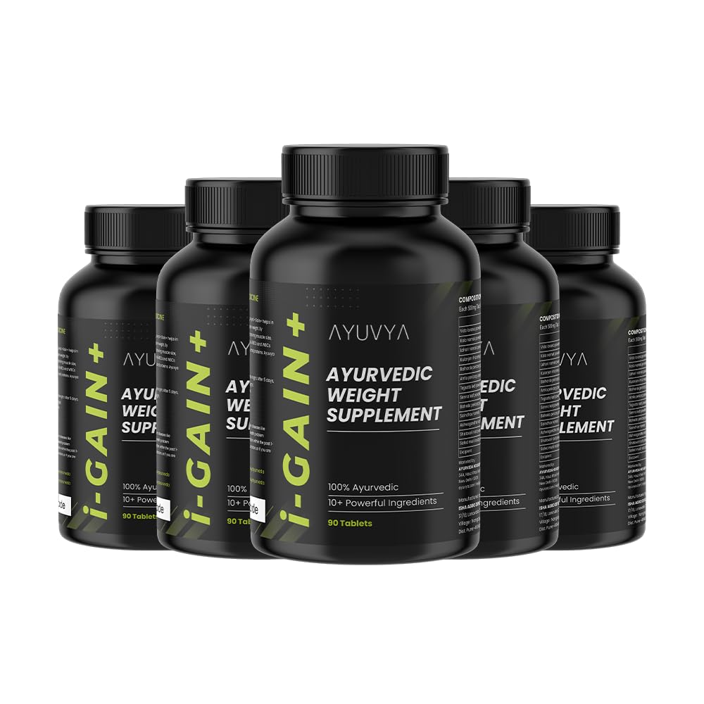 ayuvya i-Gain+ - New & Improved Ayurvedic Weight Gainer Formula|Supports Digestion & Muscle Mass|100% Ayurvedic|Pack of 5 count, 90 capsules