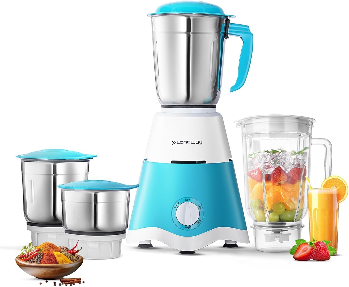 Longway Super Dlx Juicer Mixer Grinder | Up to 750W Max Output Powerful Motor | 4 Jars for Grinding, Mixing, Juicing | 2 Year Warranty | Blue & White