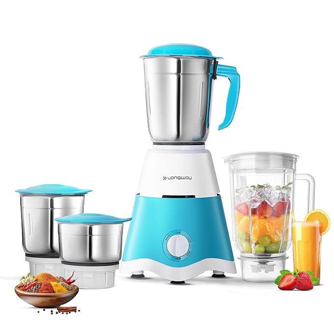Longway Super Dlx Juicer Mixer Grinder | Up to 750W Max Output Powerful Motor | 4 Jars for Grinding, Mixing, Juicing | 2 Year Warranty | Blue & White