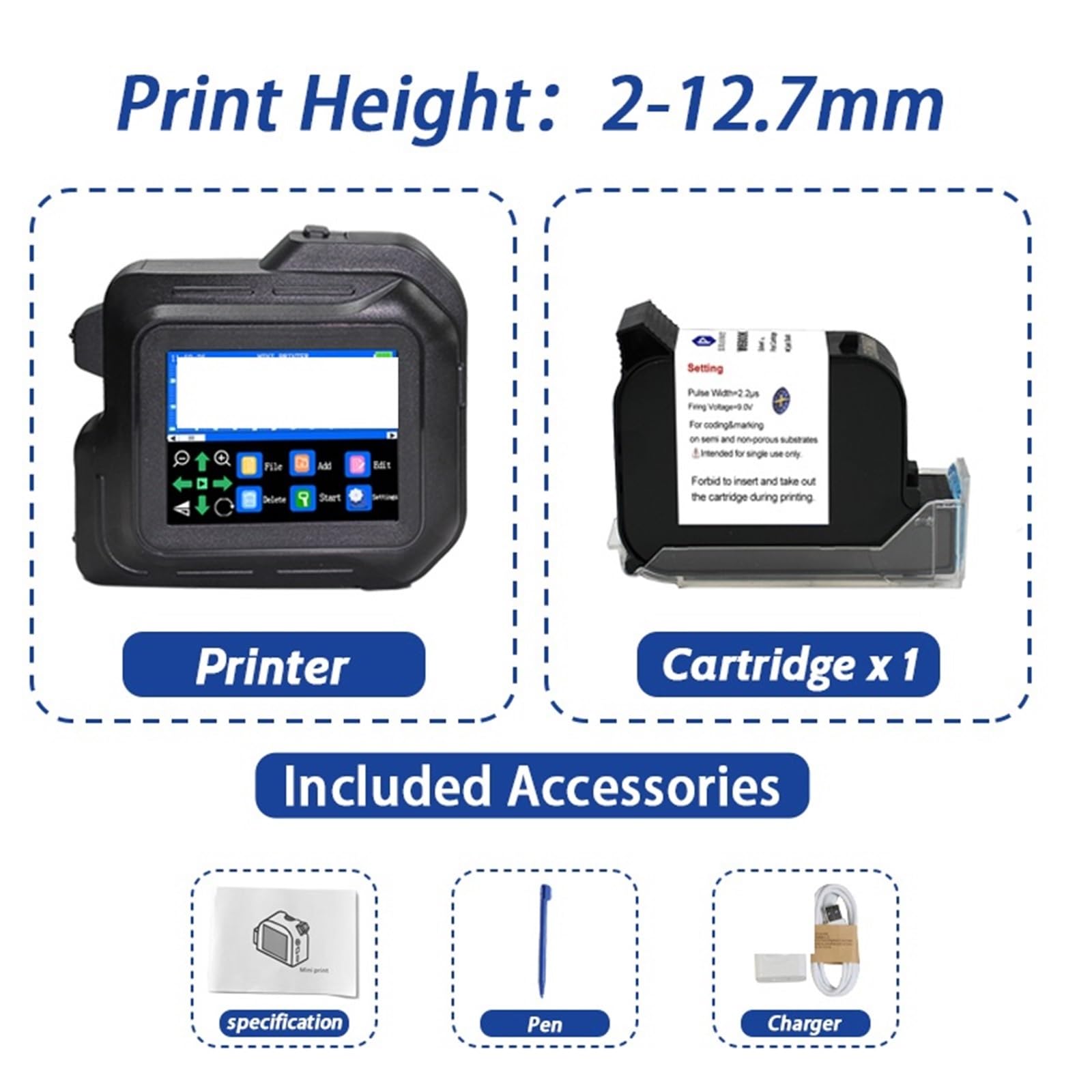 Stampante portatile mini da 0,5 pollici con touchscreen, stampante a getto d'inchiostro, macchina for la stampa di etichette codice a barre QR e data scadenza(With 1 ink)