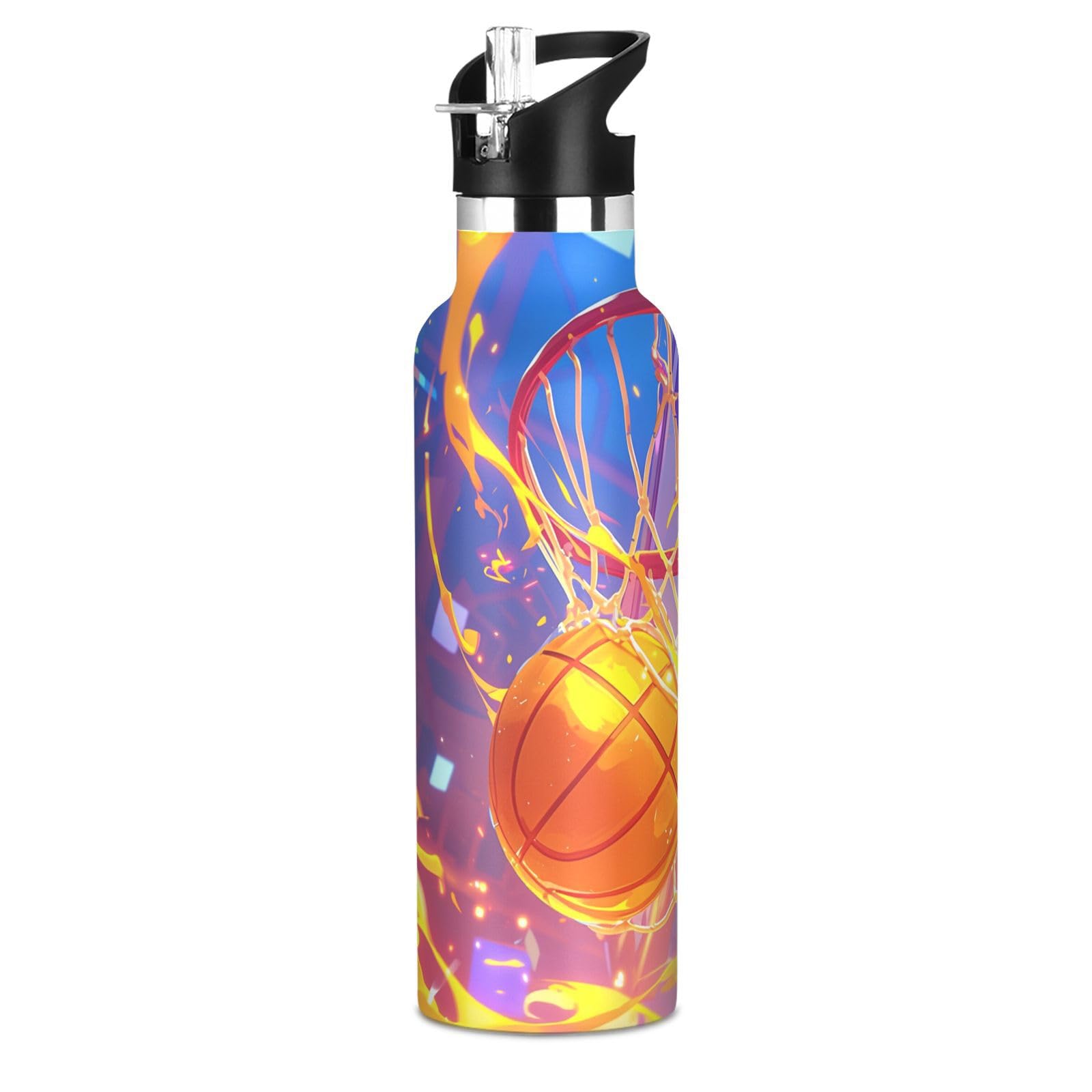 Kaaviyo Boys Pattern Basketball Flying Flaming Orange Water Bottle Stainless Steel Jug Insulated Vacuum Cup For Girls(600Ml)