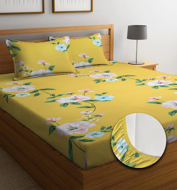 NEW LEAF Premium Cotton Elastic Fitted Bedsheets with 2 King Size Pillow Covers | Double Bed with All Around Elastic 180 TC Supersoft | Size - 72 King Sizex78+10 inches | White Yellow Leaf