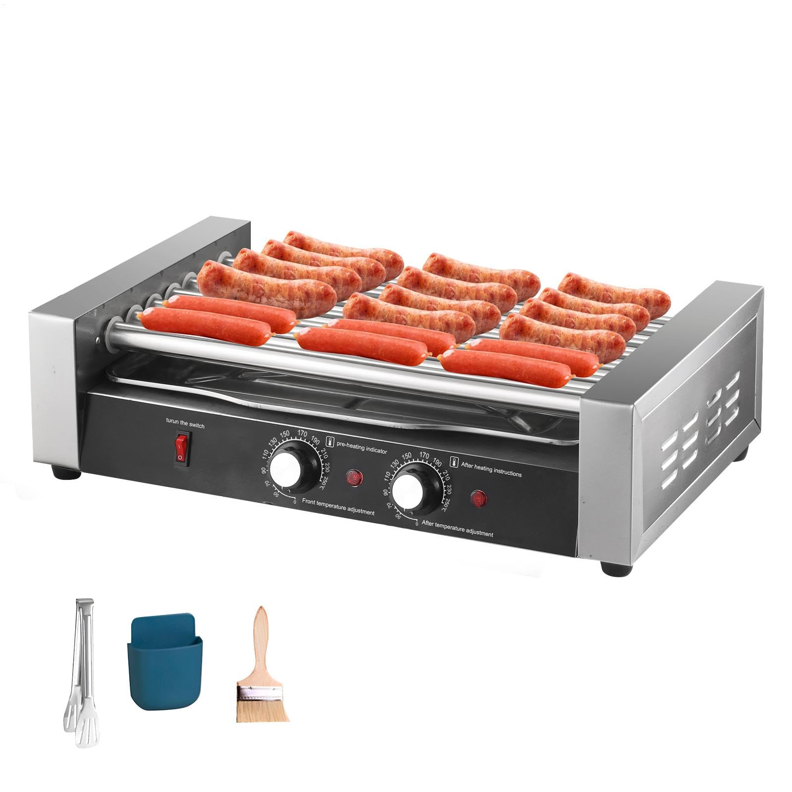 Hot Dog Roller 7 Rollers 17 Hot Dogs Capacity 1200W Stainless Sausage Grill Cooker Machine with Double Temp Control and Removable Drip Tray,110V Commercial Grade,Hot Dog Roller Machine for Picnic