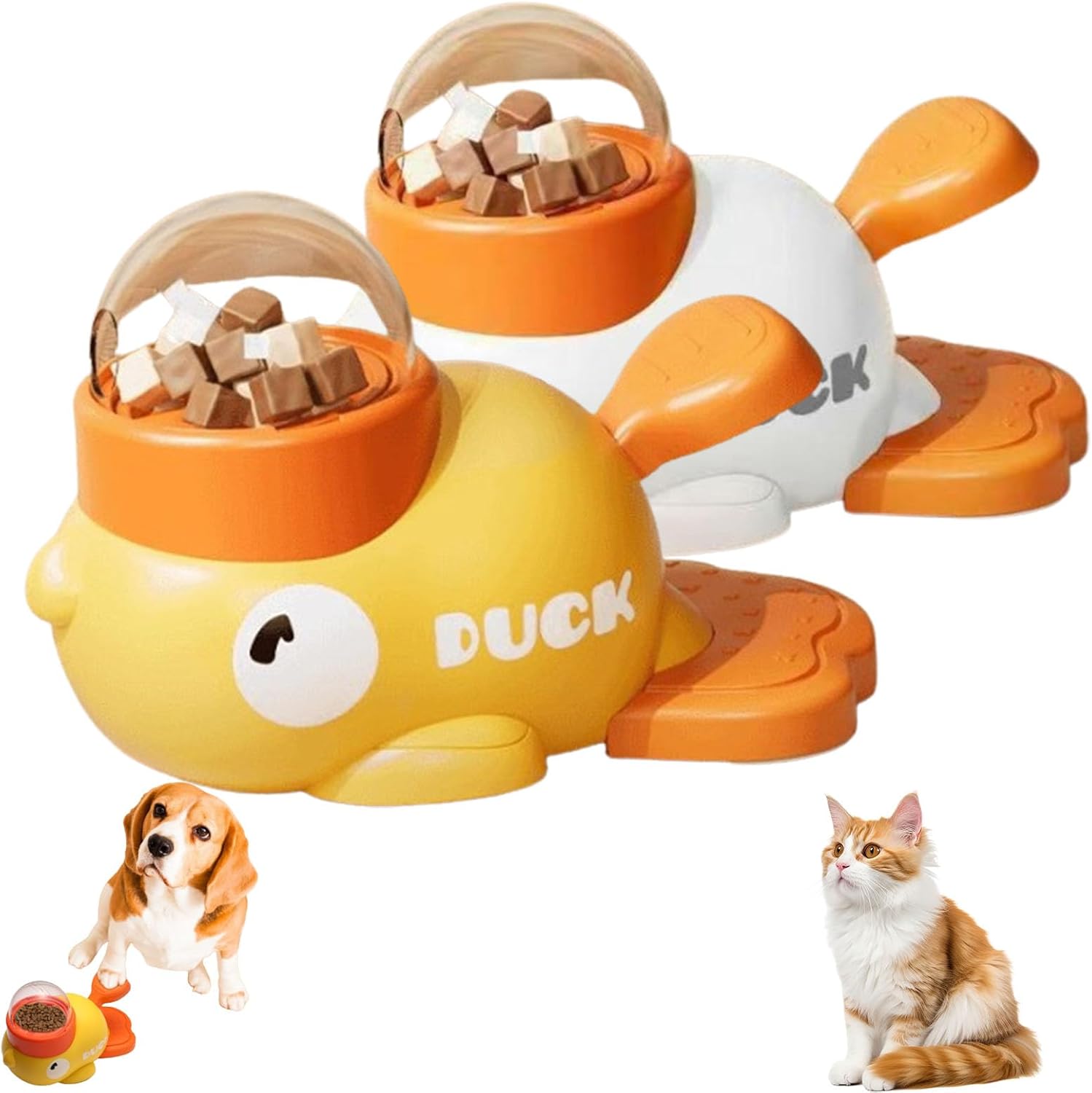 Cat Treat Toy,Ducky Cat Treat Dispenser,Interactive Dog Puzzle Toys Treat Dispenser Dog Toys, Duck Shape Slow Feeder for Boredom Buster W/ 3 Lids for Kibble & Treats,10.58oz/300g (2pcs)