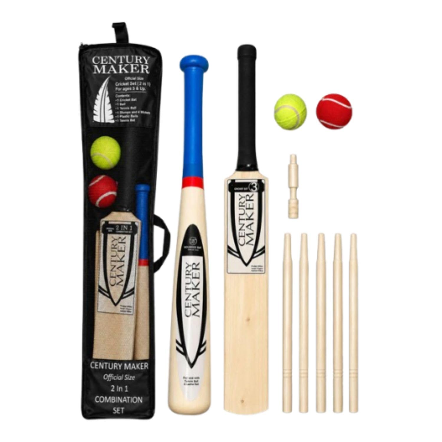 ARA CHOICE 2 in 1 Cricket & Rounders Sports Combi Set | Size 3 Cricket Bat – 18" Rounders Bat – Stumps – Balls & Carry Bag | Complete Outdoor Garden Sports Game Kit for Beach – Camping & Family Fun