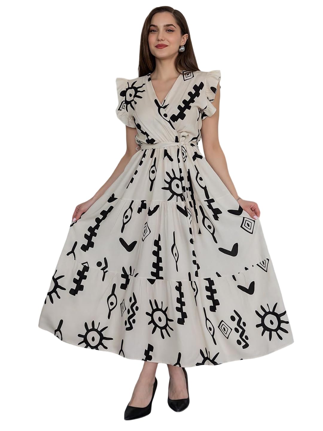 kzully | Dress for Women | Graceful Tie Front Gown | Delicate Flutter Arm Styling | Modern Patterned Length Wear-picture-54