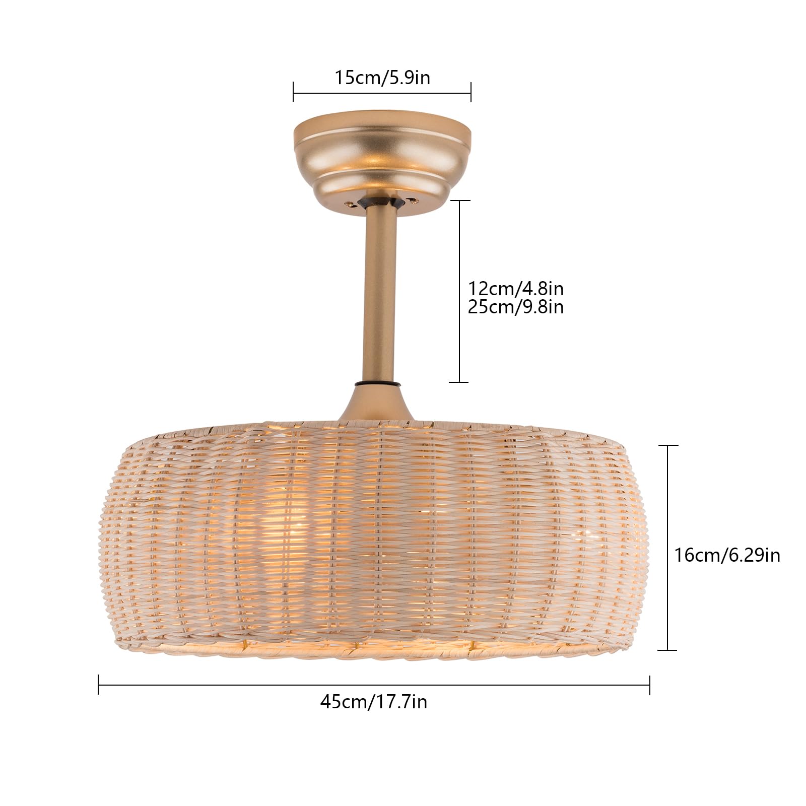 Bambusowy wentylator sufitowy z oświetleniem i pilotem zdalnego sterowania, cichy, 6-biegowy, odwracalny silnik, lampa sufitowa, ręcznie tkany naturalny rattan, 45 cm