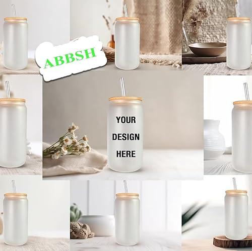 Miniatura 9 de ABBSH Espacios en blanco de vidrio de sublimación con tapa de bambú, vaso de vidrio esmerilado por sublimación de 16 onzas, vaso de lata de cerveza