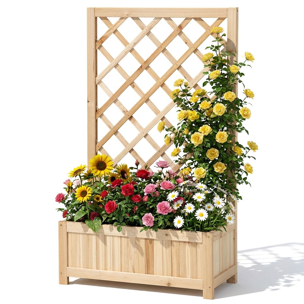 Briful Wooden Planter with Trellis, 40" Outdoor Planter Box for Climbing Plants, Raised Garden Bed with Lattice for Vines Flowers, Natural Wood Garden Planters for Patio Yard Balcony