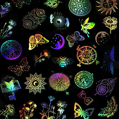 135PCS Shiny Holographic Resin Stickers, Gorvalin Shiny Flower Magic Butterfly Stickers for Art Craft, Laser Adhesive Rainbow Stickers Waterproof Sticker Decals for Gift Scrapbook DIY Silicone Resin Molds Laptop Water Bottles