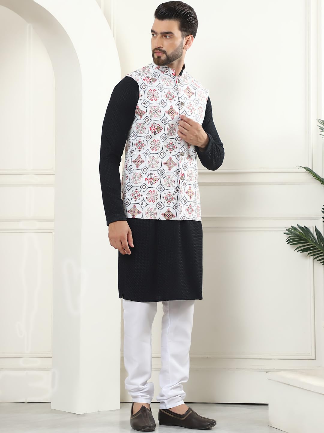 Sojanya (Since 1958 Men's Pure Cotton Black Kurta And White Pyjama With Embroidered Cream Nehru Jacket