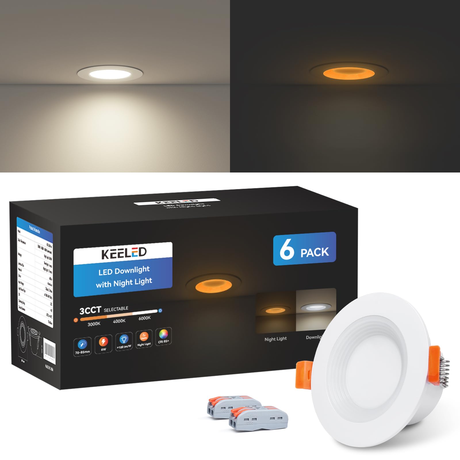 KEELED Faretti LED da Incasso per Cartongesso con Luce Notturna, 6W, 3 Colori Selezionabili 3000K/4000K/6000K, 230V, Foro 70-85mm, Confezione da 6