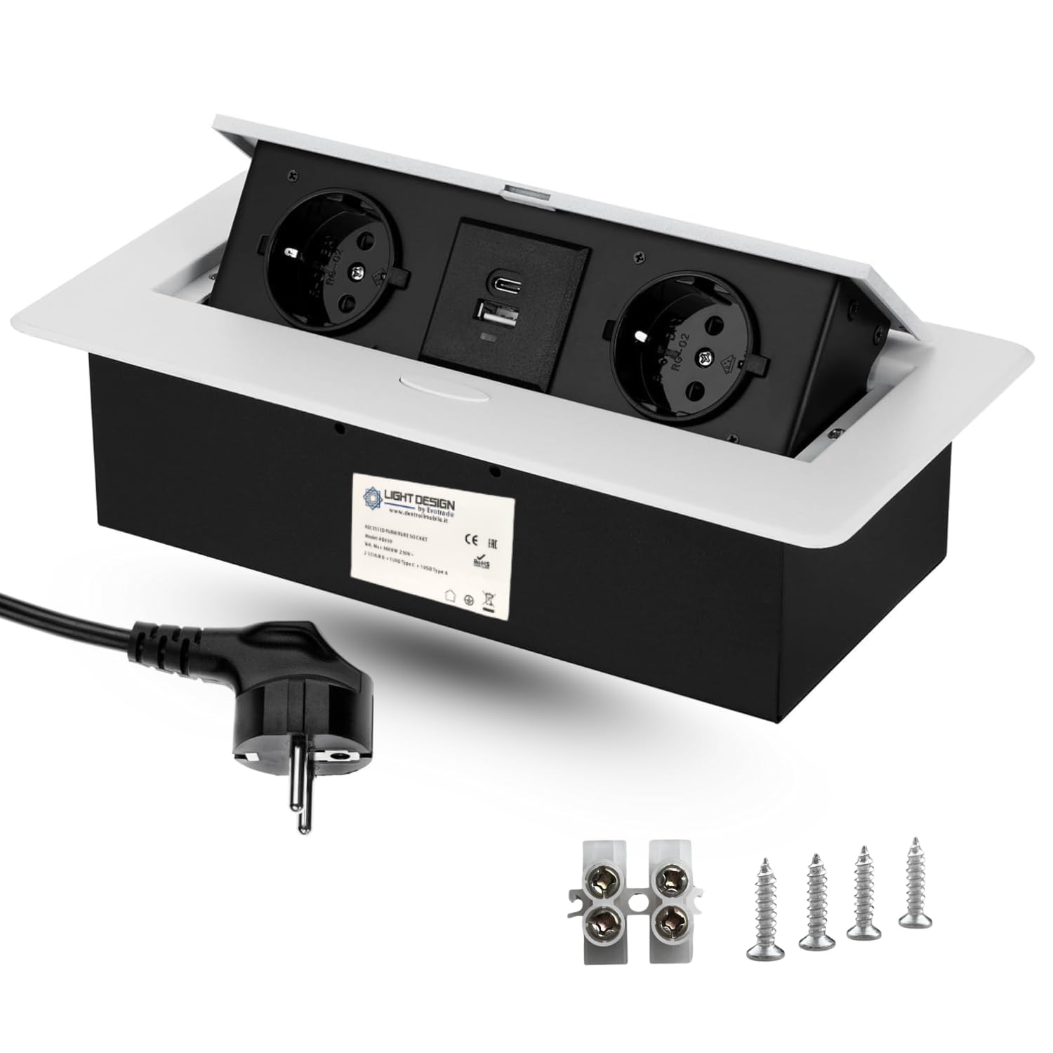EVOTRADE Multipresa da Incasso a Scomparsa con 2 Prese SCHUKO + 2 Prese USB (A+C), Cavo da 1,5 Metri - Per Scrivania, Ufficio, Sala Riunioni, Piano di Lavoro - Colore Bianco