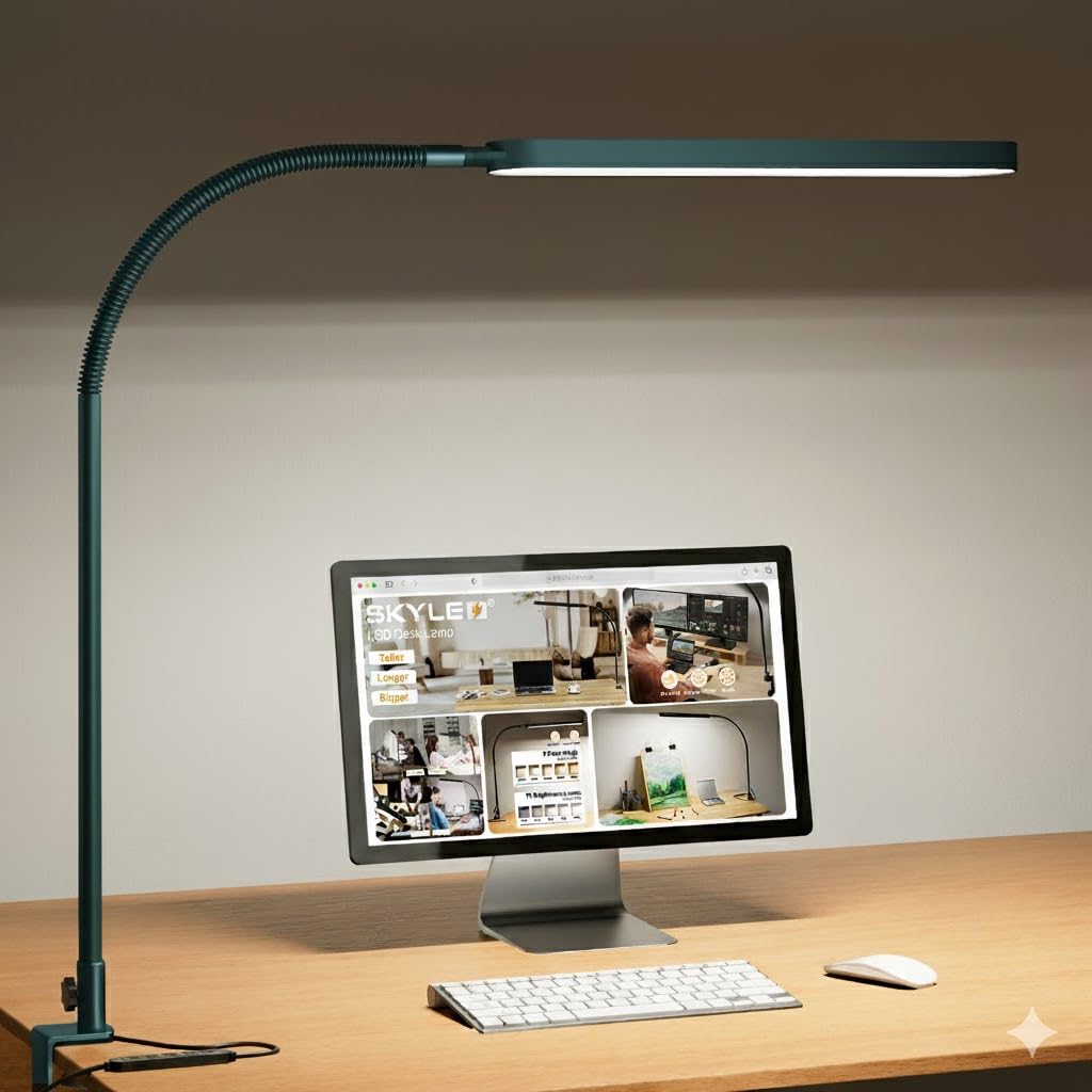 SKYLEO Desk Lamp - LED Desk Light - Flexible Gooseneck - 5 Color Modes X 11 Brightness Levels - 1300LM - Timmer & Memory Function - 12W Clip on Light - Green