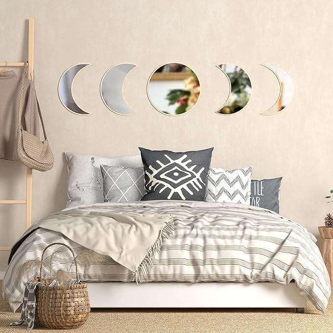 Stylish Moon Phase Wall Mirrors Set – 5-Piece Decorative Acrylic Bohemian Mirrors for Home Decor, Living Room & Bedroom Room(RAW) Beige1 image 6 of 8 B0F66NTLL5