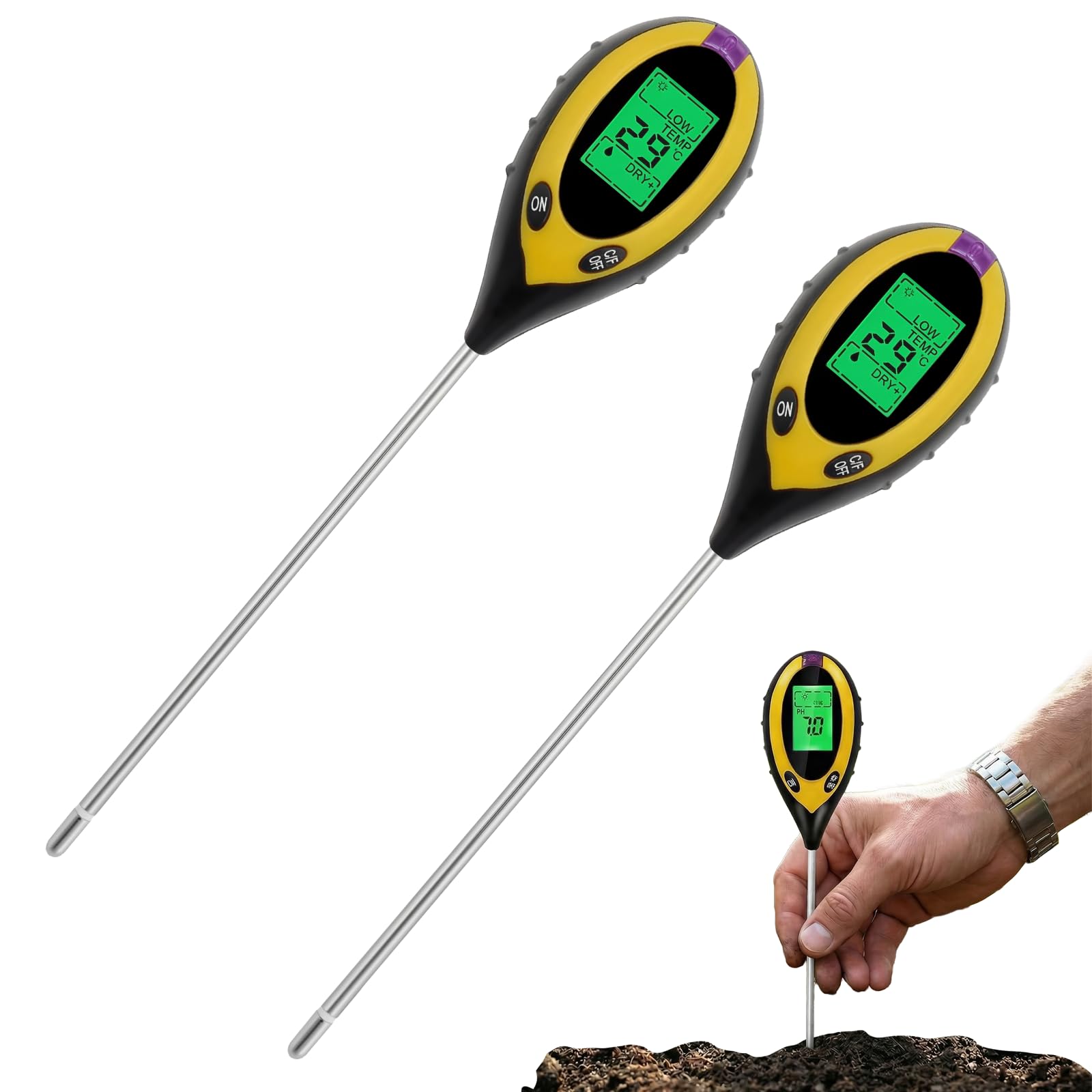 4 en 1 Testeur Ph Sol, 2 Pièces Testeur Humidité Plante, Humidité/PH/Température/Ensoleillement, Testeur Humidité Plante, Concerner Jardins, Fermes, Plantes D'Intérieur et D'extérieur
