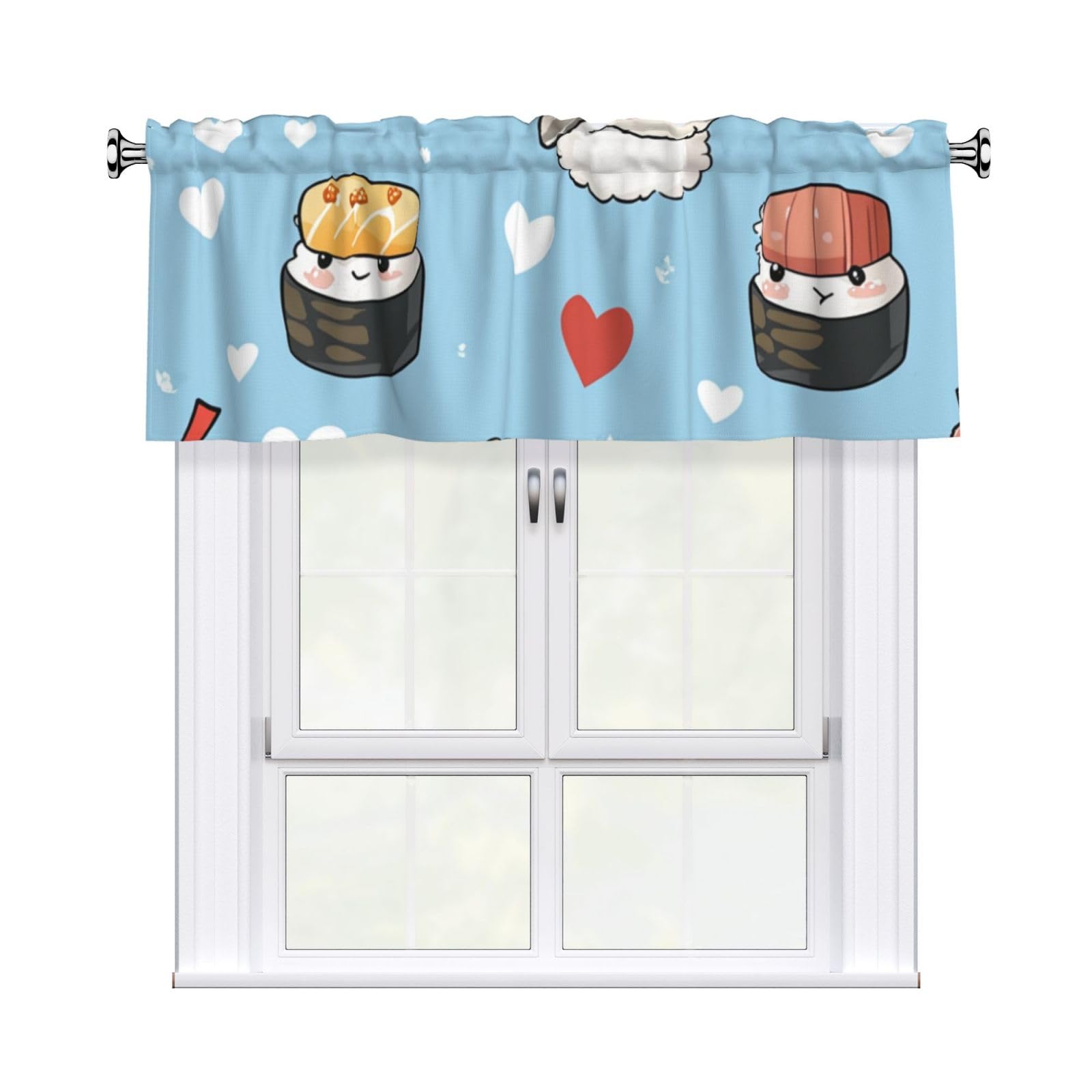 Helhappy Short Window Curtain Valance Cute Sushi Japanese Style Kawaii Decor 3" Rod Pocket Window Treatment for Home Decorations, 54 x 18 Inch, 1 Panel