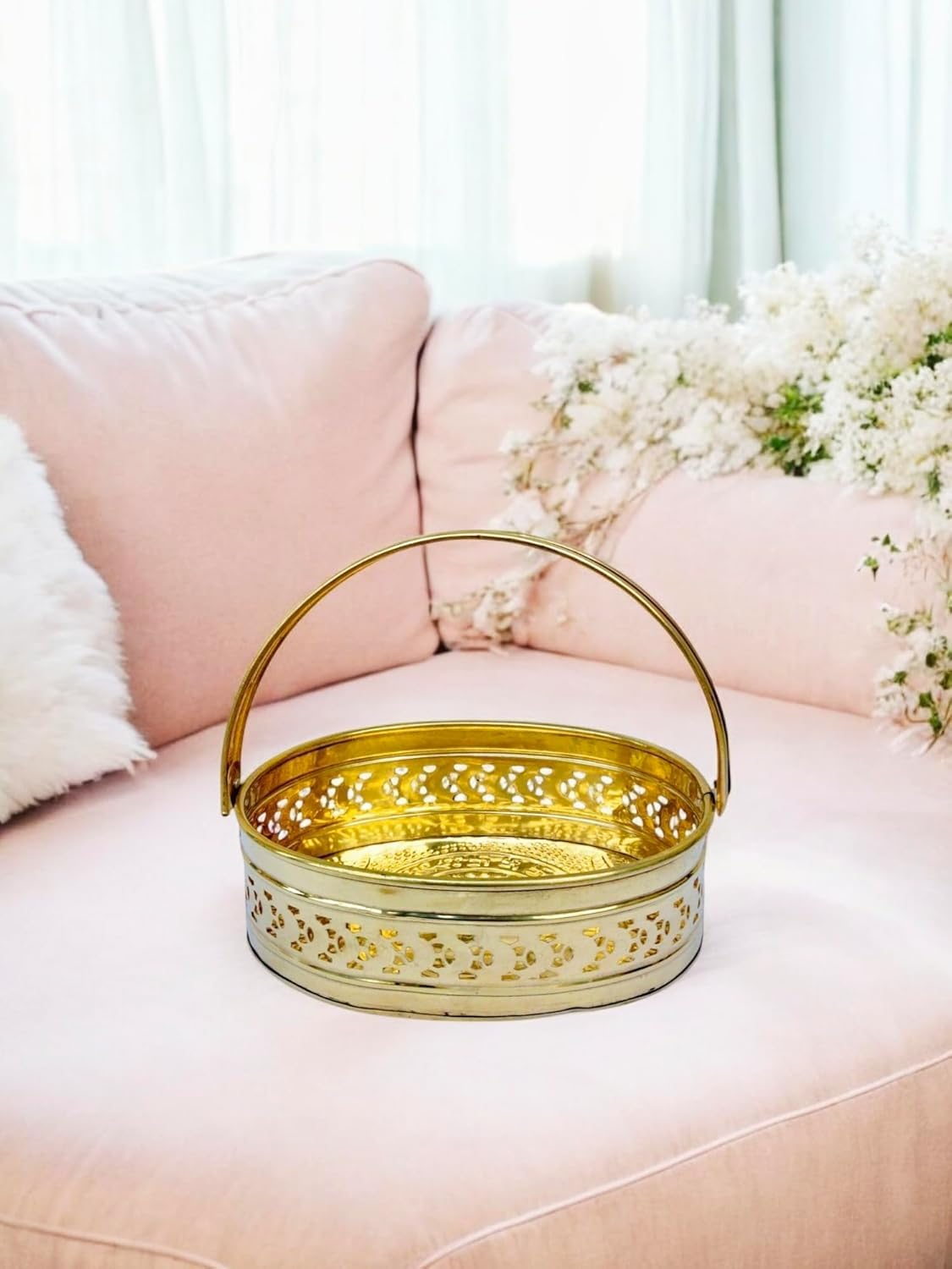 SHREE HARI HOME DECOR Pure Brass Oval Traditional Pooja Basket Dalia, Brass Flower Basket for Pooja/Worship (Flower BasketGold, 25 x17 cm (Large) 330 gms-image-17