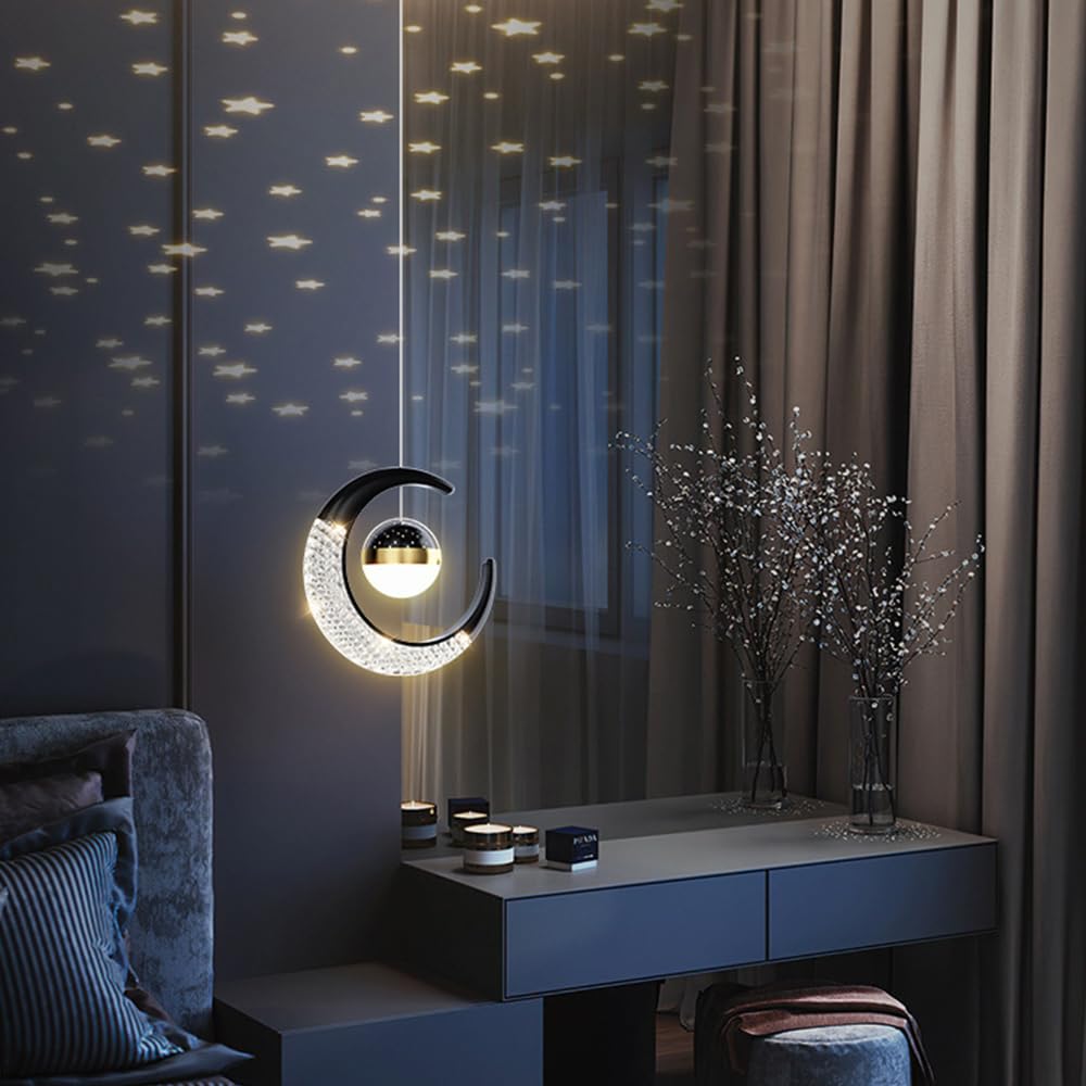 Mengjay Suspension Luminaire Lune et Étoiles Nordique Créativité LED Lustre Plafonnier 10W Lampe à Suspension avec Projection d'étoile Moderne pour Enfants Chambre (Noir, Blanc Chaud)