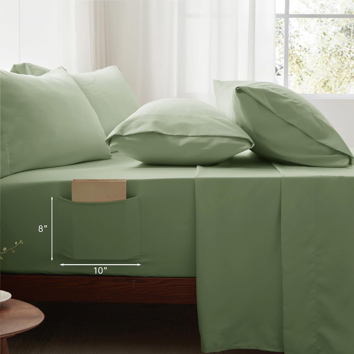 Zzlpp Queen Comforter Set 7 Piece, Sage Green Bed in a Bag with Comforters, Pillow Shams, Pillowcases, Flat Sheet, Fitted Sheet, 2 Side Pockets