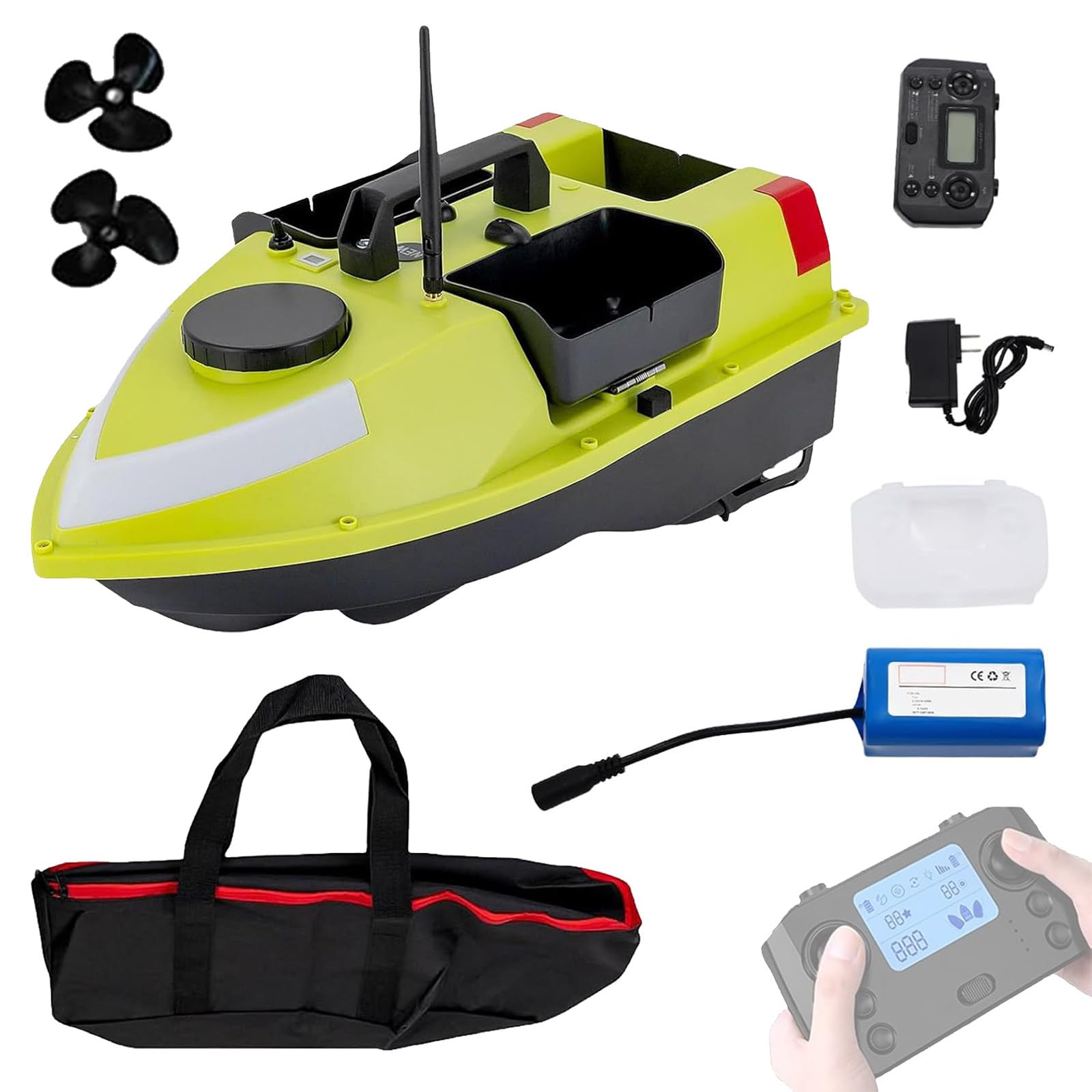 Barco de Cebo para Pesca de Carpas a Control Remoto, 600 m, con Motor Dual, Buscador de Pesca con Luz Nocturna LED y Batería de Litio de 12000 mAh