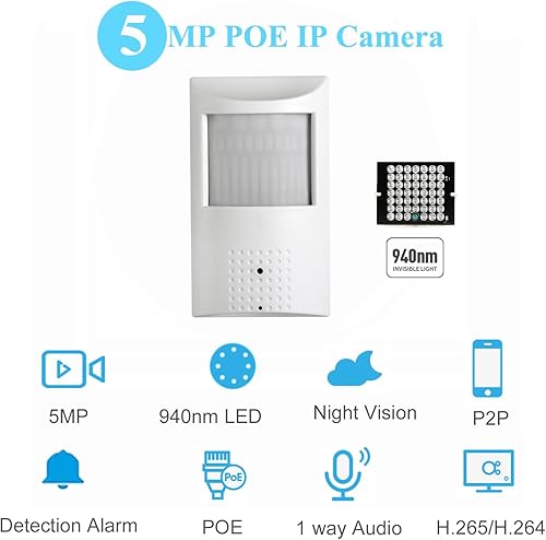 Miniatura 2 de HD 5MP PIR 940nm invisible LED POE cámara IP incorporada microteléfono, lente de 0.146 in visión día 80 y visión nocturna IR CCTV cámara de