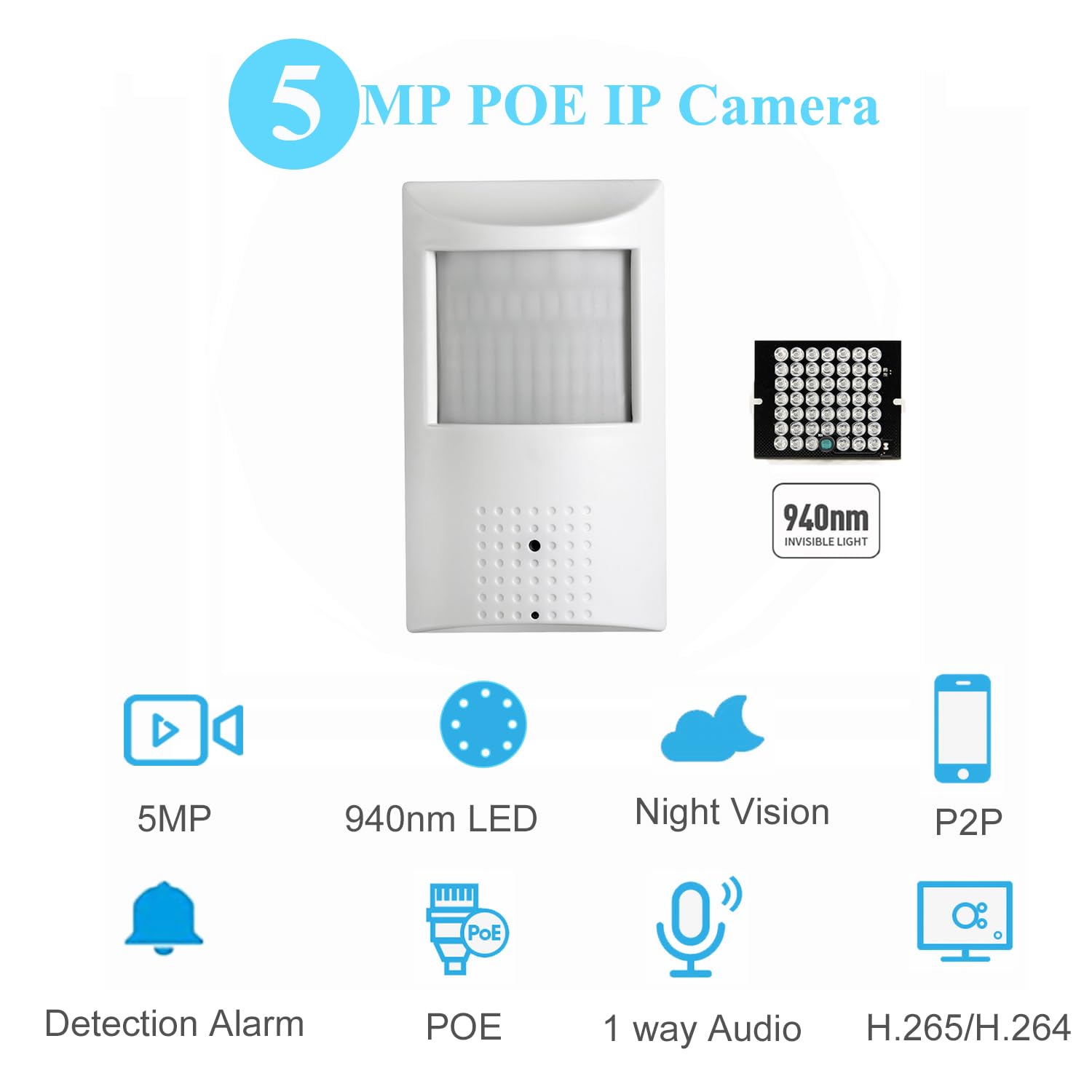 Caméra IP POE HD 5MP PIR 940nm LED Invisible Intégrée au Micro-Phone, Objectif 3.7mm 80° View Day and IR Night Vision CCTV Caméra de sécurité intérieure, P2P H.265 Motion Detection (IPIR-P-A-HS)