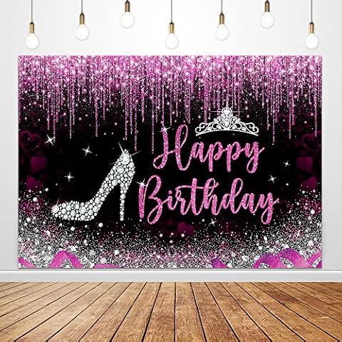 Glawry Hot Pink Birthday Backdrop for Women 7Wx5H Feet Not Glitter High Heels Crown Women 16th 21st 30th 40th 50th Birthday Party Decorations Photography Background Photo Booth Studio Cover