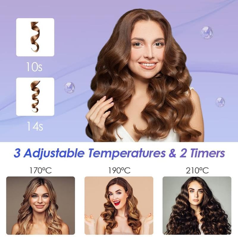 Automatic Curling Iron, Professional Anti-Tangle Automatic Hair Curler with 3-Speed Temperature & 2 Timer Reminder, Fast Heating, Double Anti-Scald Ceramic Curling Wand for Curly Hair Styling (Purple)