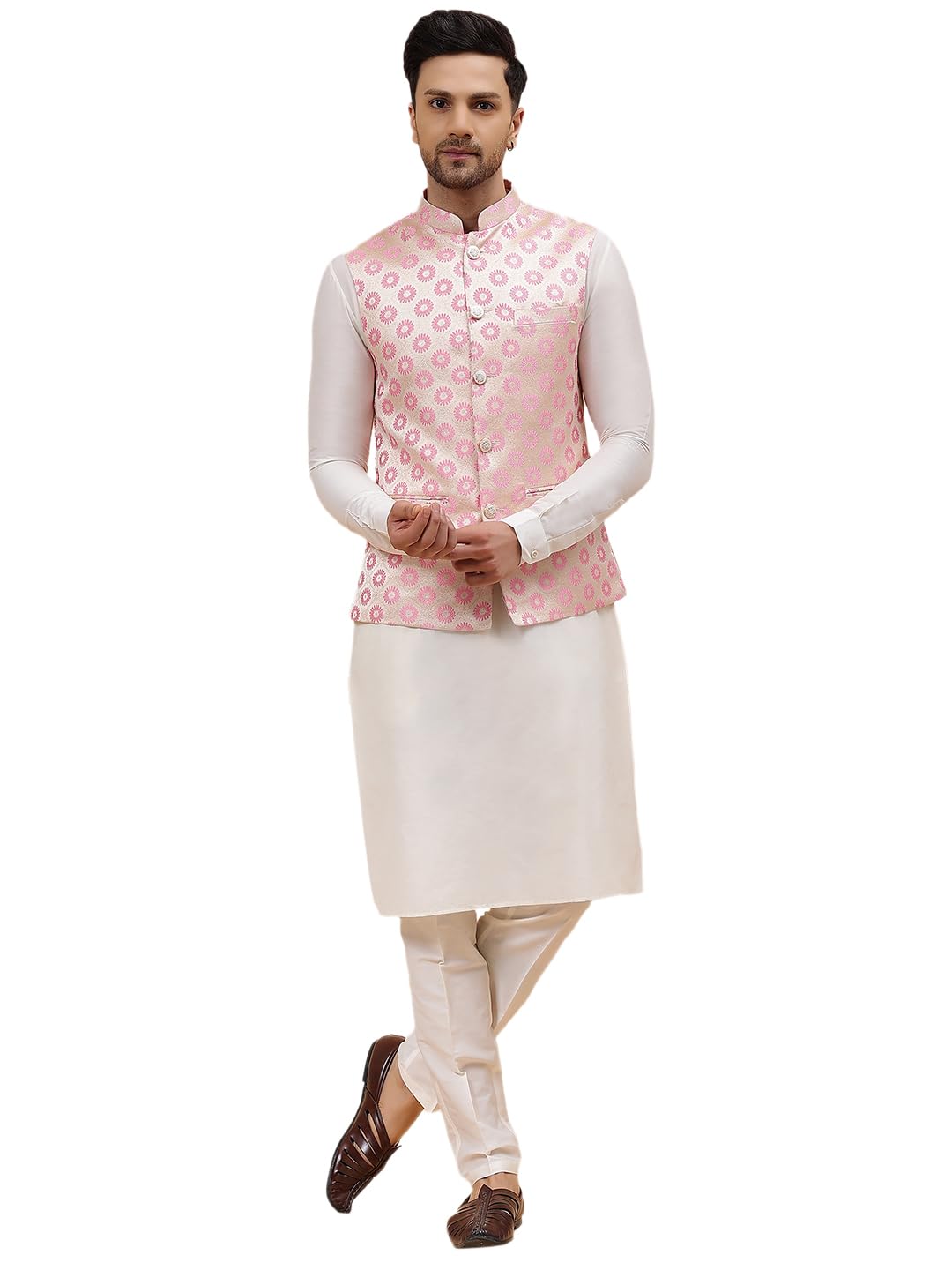 Men Off White Kurta Pajama & Pink Woven Design Jacquard Nehru jacket-image-45