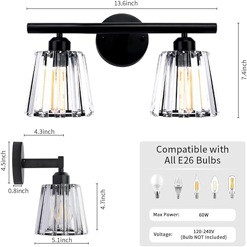 Miniatura 9 de TISLYCO Apliques de pared de 2 luces, lámpara de tocador moderna sobre el espejo, aplique de pared de cristal negro para pasillo, entrada, baño, 2