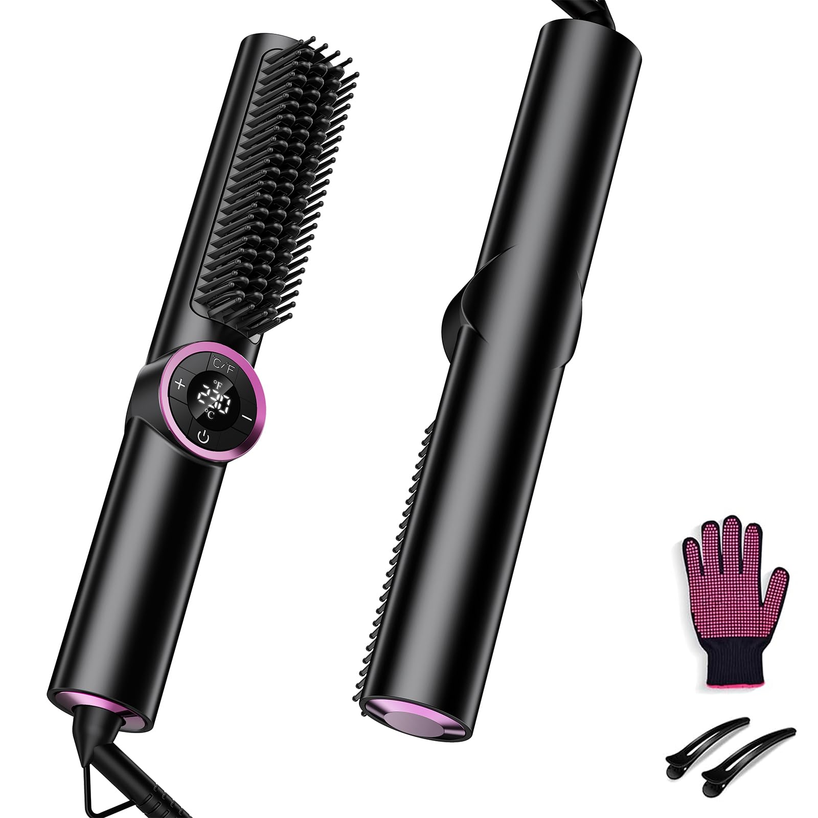 Hair Straightener Brush: Ionic Hair Straighteners for Women with 15 Temps, Straightening Brush Fast Heating with LED Display & Dual Voltage