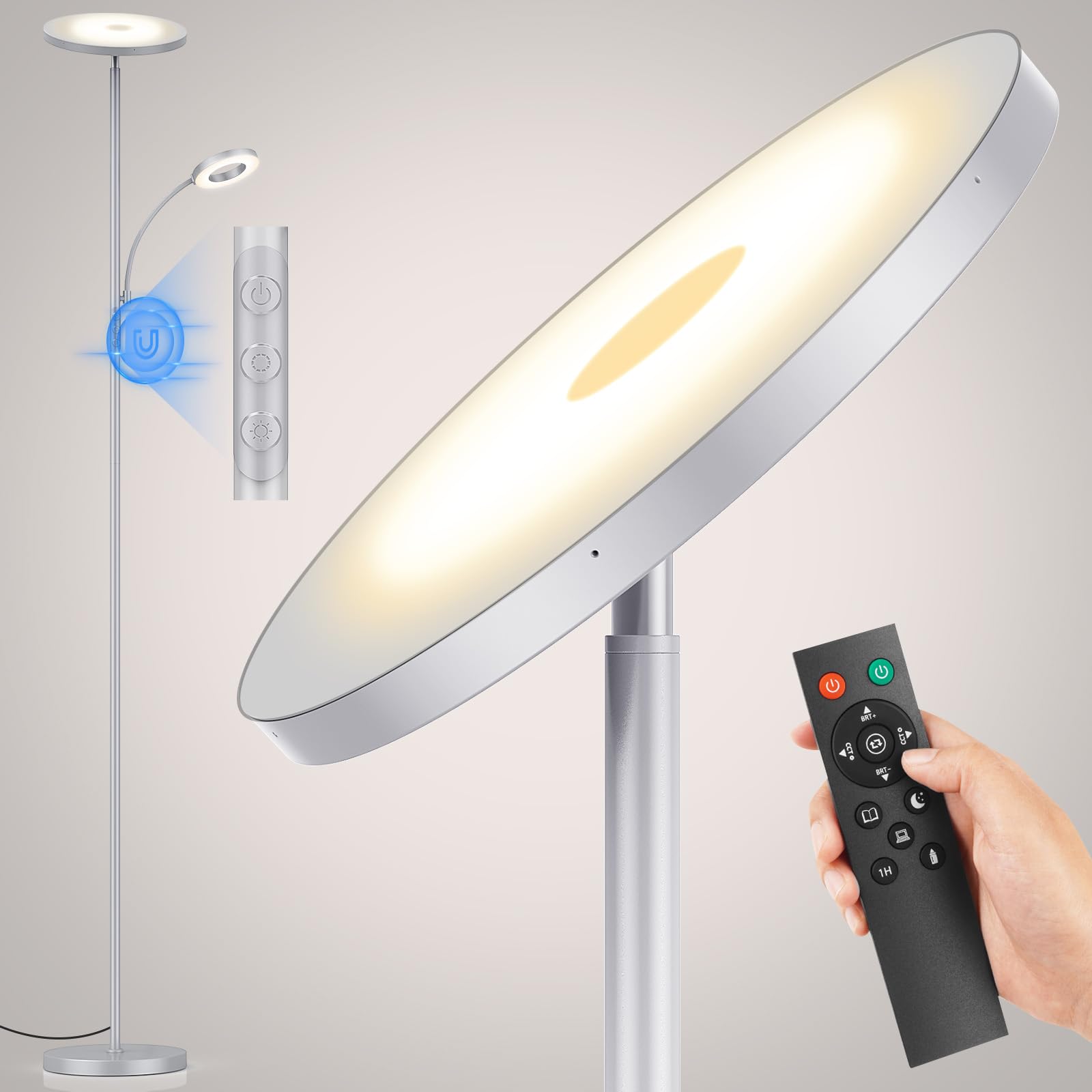 42W Lampara de Pie Regulable Gris, LED Lámpara de Pie Salon 3700LM Súper Brillantecon con Lámpara de Lectura, control remoto y control táctil Lámpara Alta para Salon de Estar Dormitorio Oficina