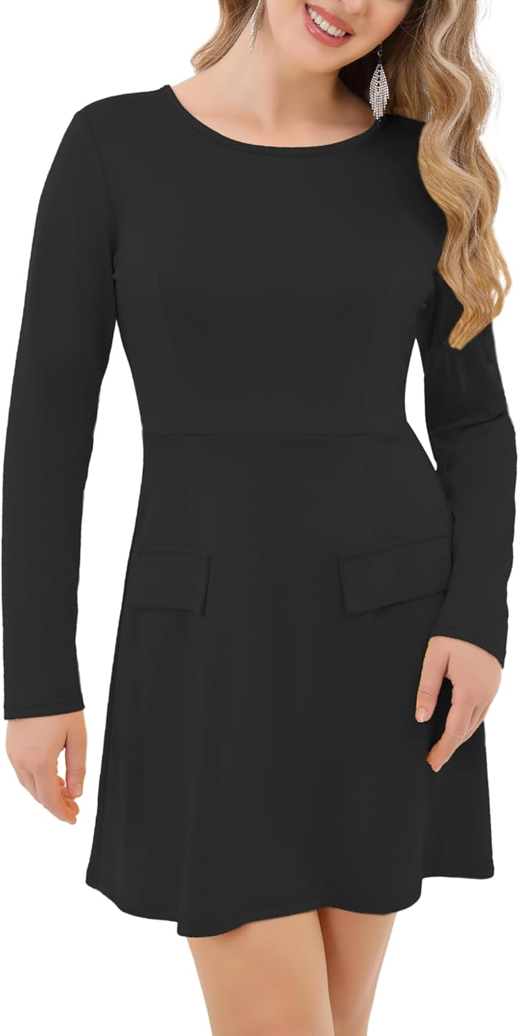 Aphratti Women's Long Sleeve Black Dress Casual Fall A-line Mini Dresses