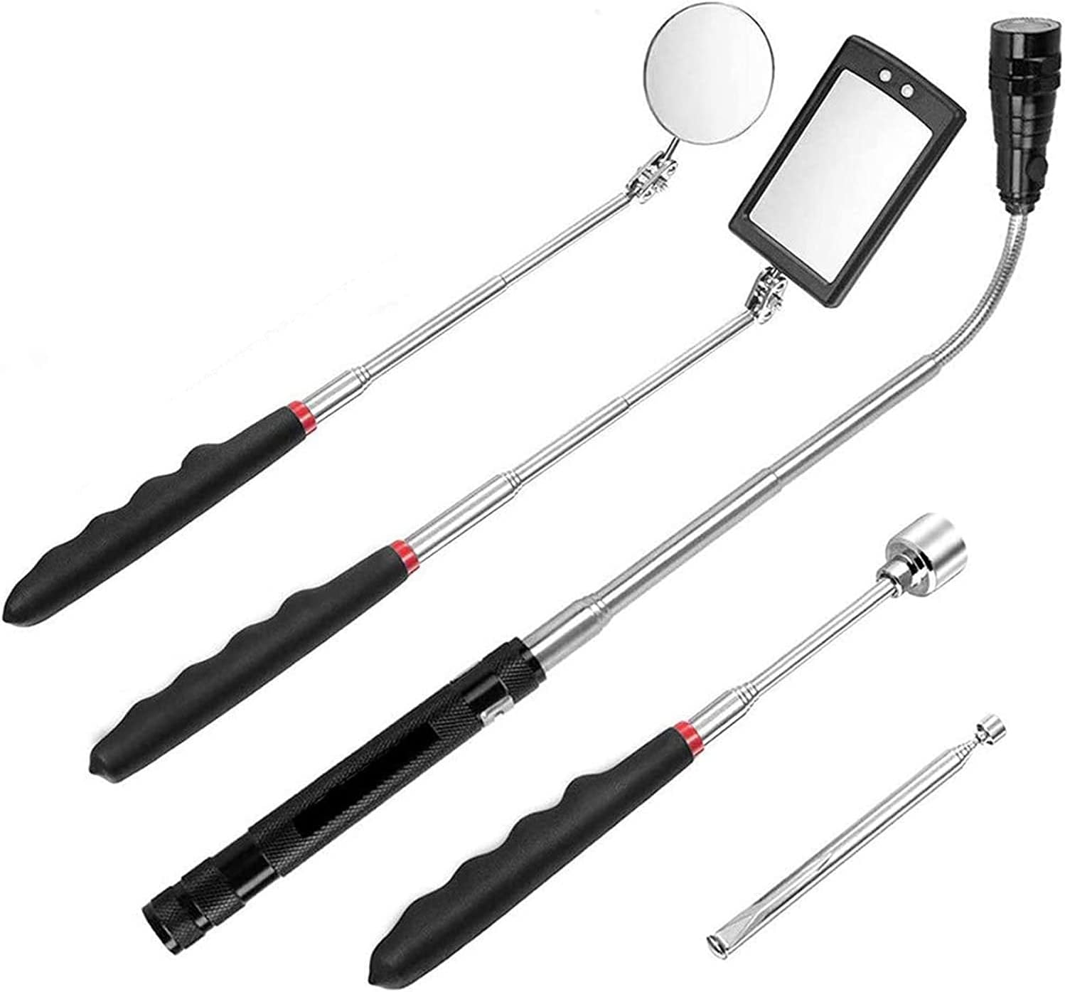 Vehicle Inspection Mirror 5PCS Telescopic Under Vehicle Inspection Mirror, Rotating with Lamp, Magnetic Suction Rod Picker, for Security Check Under Cars, Trucks and Equipments