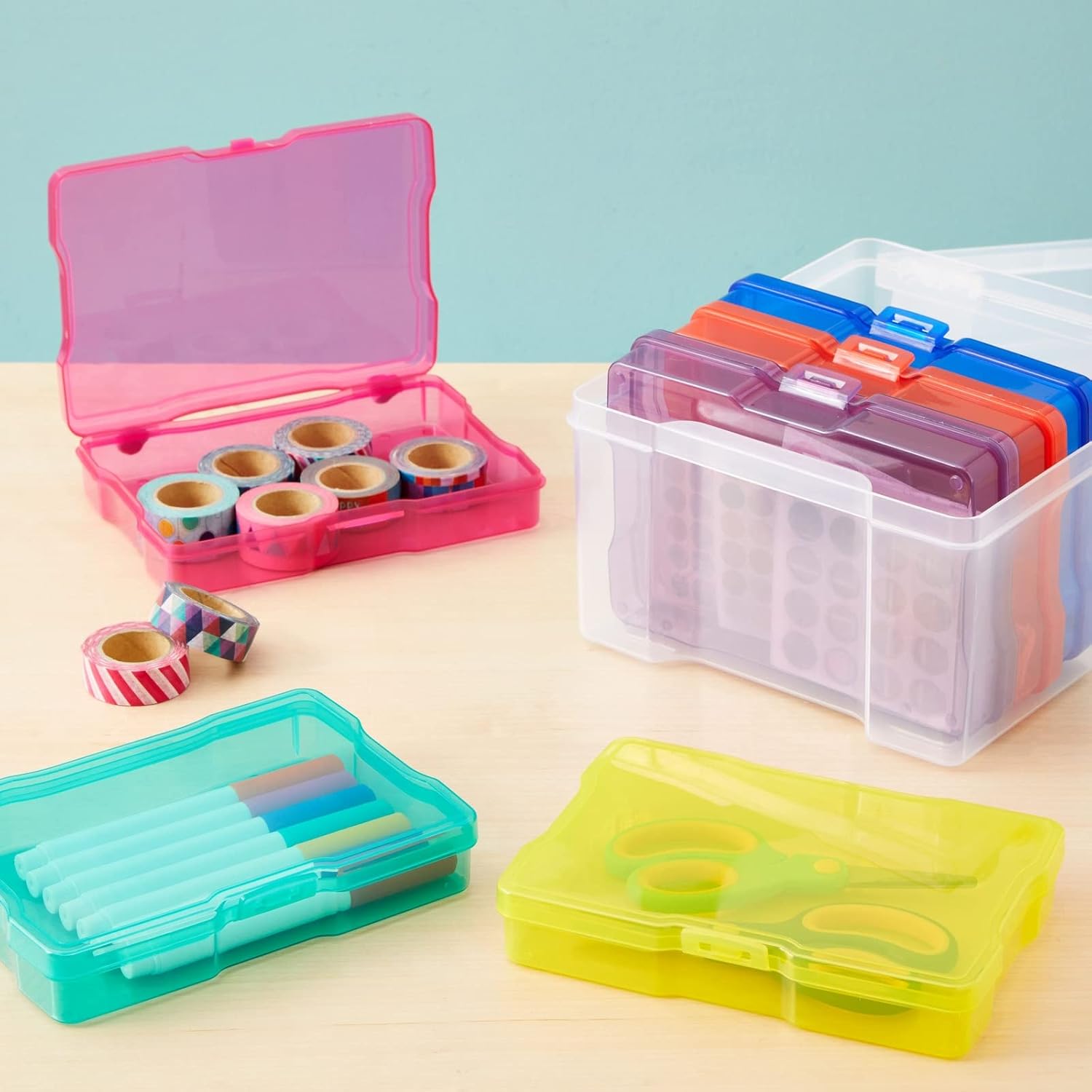 Paper Junkie Photo Storage Box - 4 x 6 in Clear Plastic & 6 Multicolor Inner Cases - Snap-Close Photo Storage Containers & Sticker Box