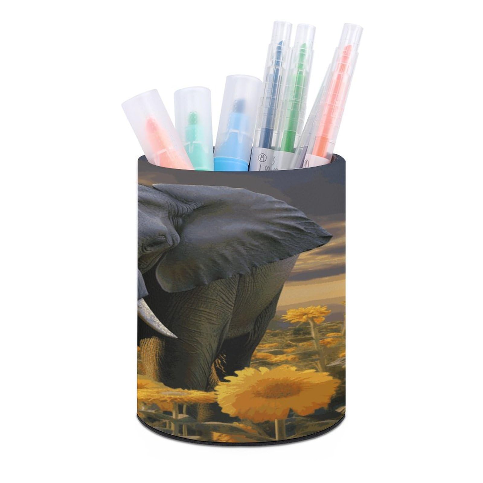 MUSM Elephant with Sunflower Pen Holder Large Capacity Pen Holder Modern PU Pencil Holders Durable Waterproof Pens Cup for Home Office Desktop Organizer