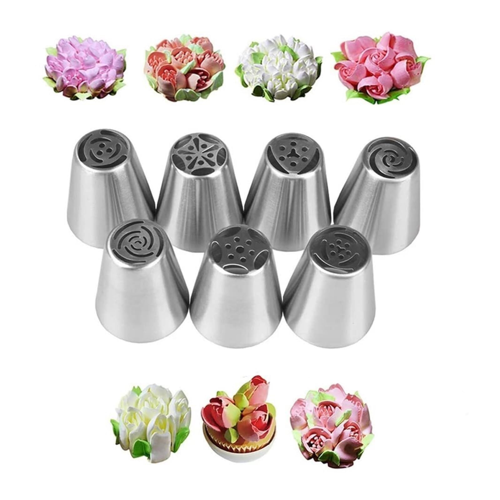 Set di punte per tubazioni in acciaio inossidabile per decorare | Con 7 beccucci per glassa a forma di fiore, per glassare biscotti e cupcake