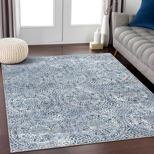 vivorug 5x7 Area Rugs - Ultra-Thin Washable Rug with Non-Slip Backing, Ideal for Living Room, Bedroom, Kitchen Floor Carpet - Vintage Medallion, Easy Clean, Durable, Blue